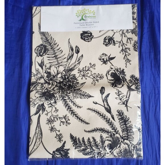 NWT Crabtree Table Runner Black & White 100% Cotton Toile 72x12" French Floral - Picture 1 of 7